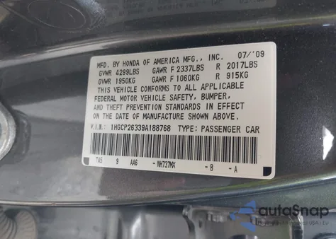 2009 Honda Accord 2.4 Lx from USA, damaged, VIN 1HGCP26339A188768